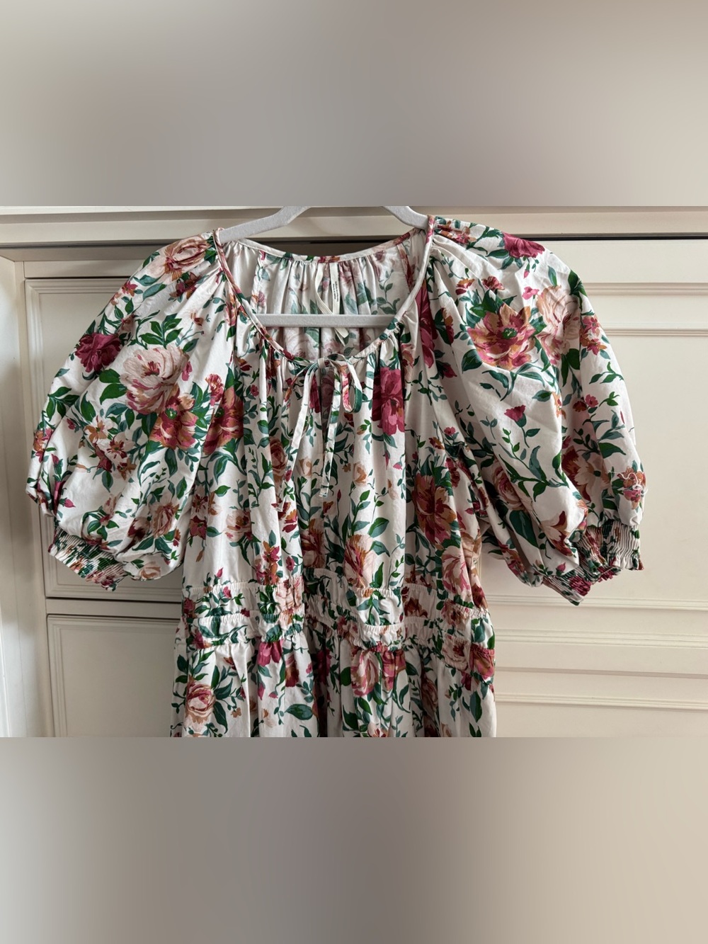 Anthropologie Floral Puff-Sleeve Maxi Dress - White with Pink & Green Floral - Picture 3 of 3